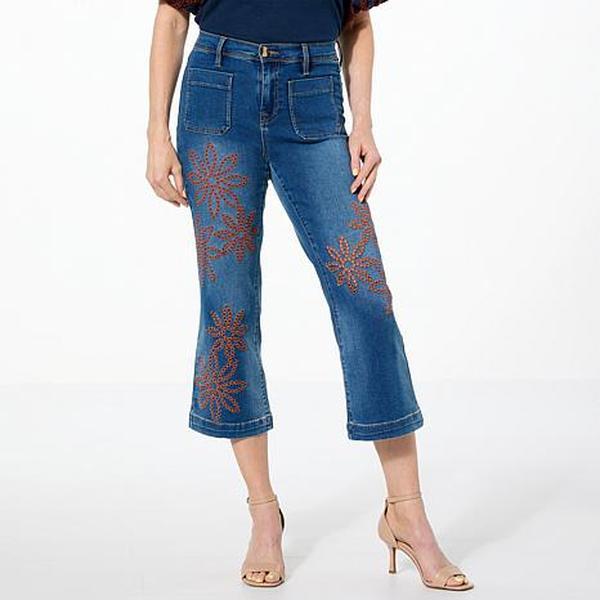 DG2 by Diane Gilman New Classic Stretch Embroidered Crop Wide-Leg Jean