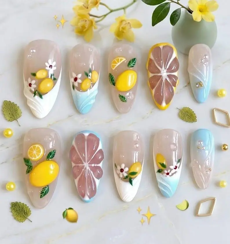 3D Lemon Press On Nails: Summer Citrus Fruit Nail Art