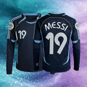 2006 Away Blue No.19 Messi Long Sleeve Soccer Jersey Fans Version
