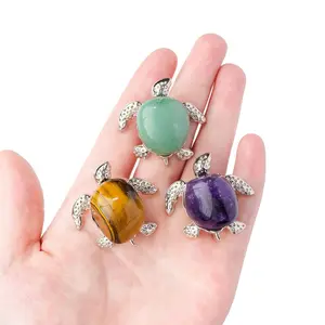 Metal Turtle Ornament with Natural Crystal Rolling Stones, Intuitively Chosen Crystals, 1 Count Colorful Animal Figurine, Fengshui Ornament for Room Decor, Trinket Gift