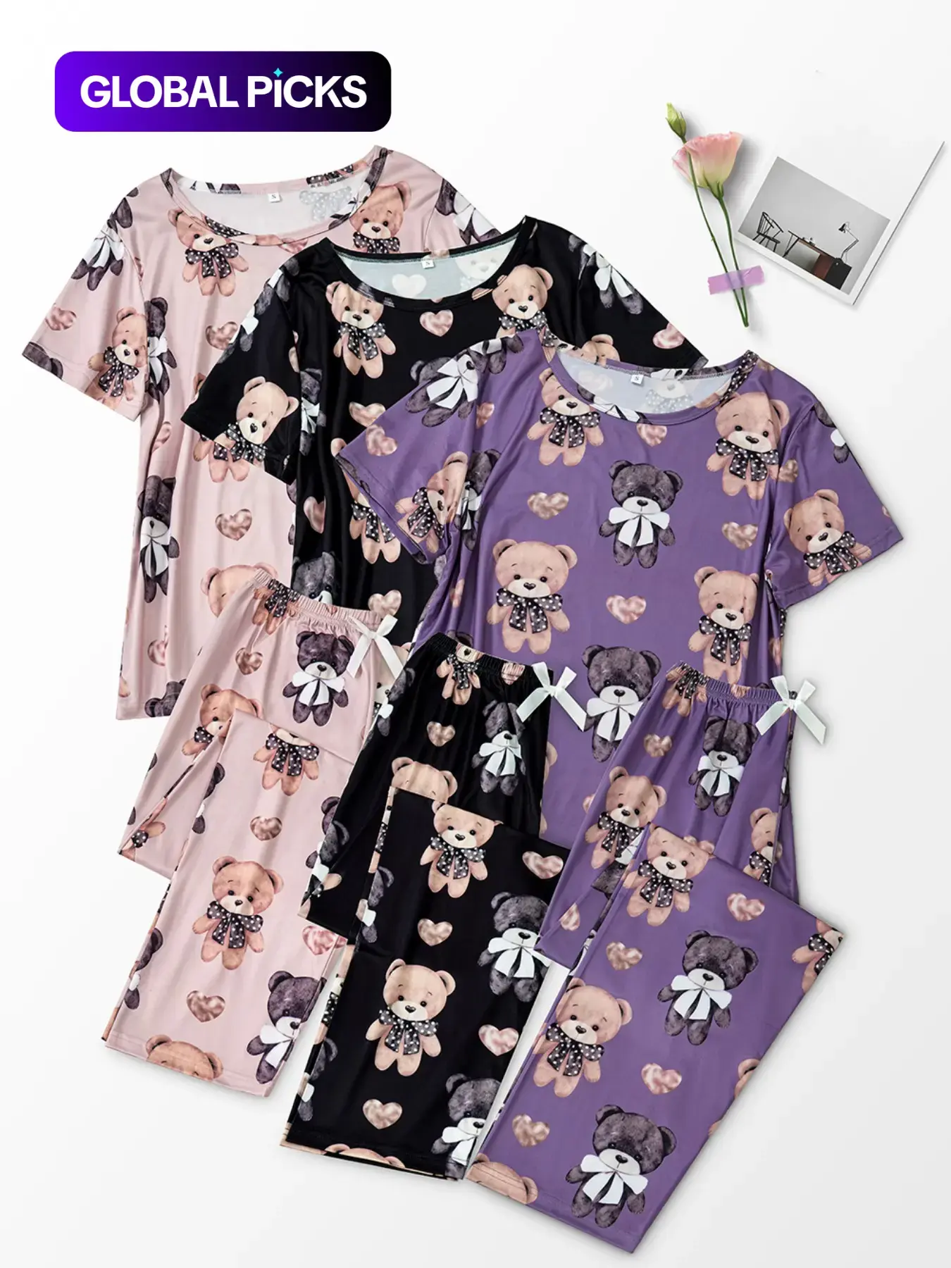 Women's Cartoon Bear Print Short Sleeve Tee & Elastic Waist Pants Pajama Set, Casual Comfy Round Neck T-Shirt & Trousers PJ Set, Ladies All Seasons Sleepwear Loungewear Pyjamas