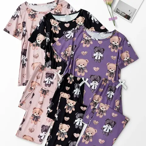 Women's Cartoon Bear Print Short Sleeve Tee & Elastic Waist Pants Pajama Set, Casual Comfy Round Neck T-Shirt & Trousers PJ Set, Ladies All Seasons Sleepwear Lounge Pjs Set Loungewear Pyjamas