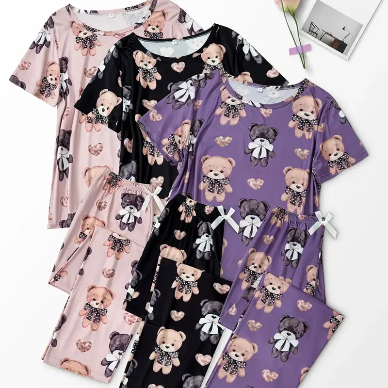 Women's Cartoon Bear Print Short Sleeve Tee & Elastic Waist Pants Pajama Set, Casual Comfy Round Neck T-Shirt & Trousers PJ Set, Ladies All Seasons Sleepwear Lounge Pjs Set Loungewear Pyjamas
