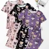 Women's Cartoon Bear Print Short Sleeve Tee & Elastic Waist Pants Pajama Set, Casual Comfy Round Neck T-Shirt & Trousers PJ Set, Ladies All Seasons Sleepwear Lounge Pjs Set Loungewear Pyjamas