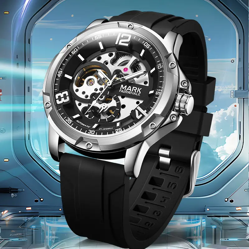 MARK FAIRWHALE Men's Vintage Automatic Mechanical Watch FW-6019 - Stylish, Distinctive, Waterproof, Cutout, Business Flywheel Design