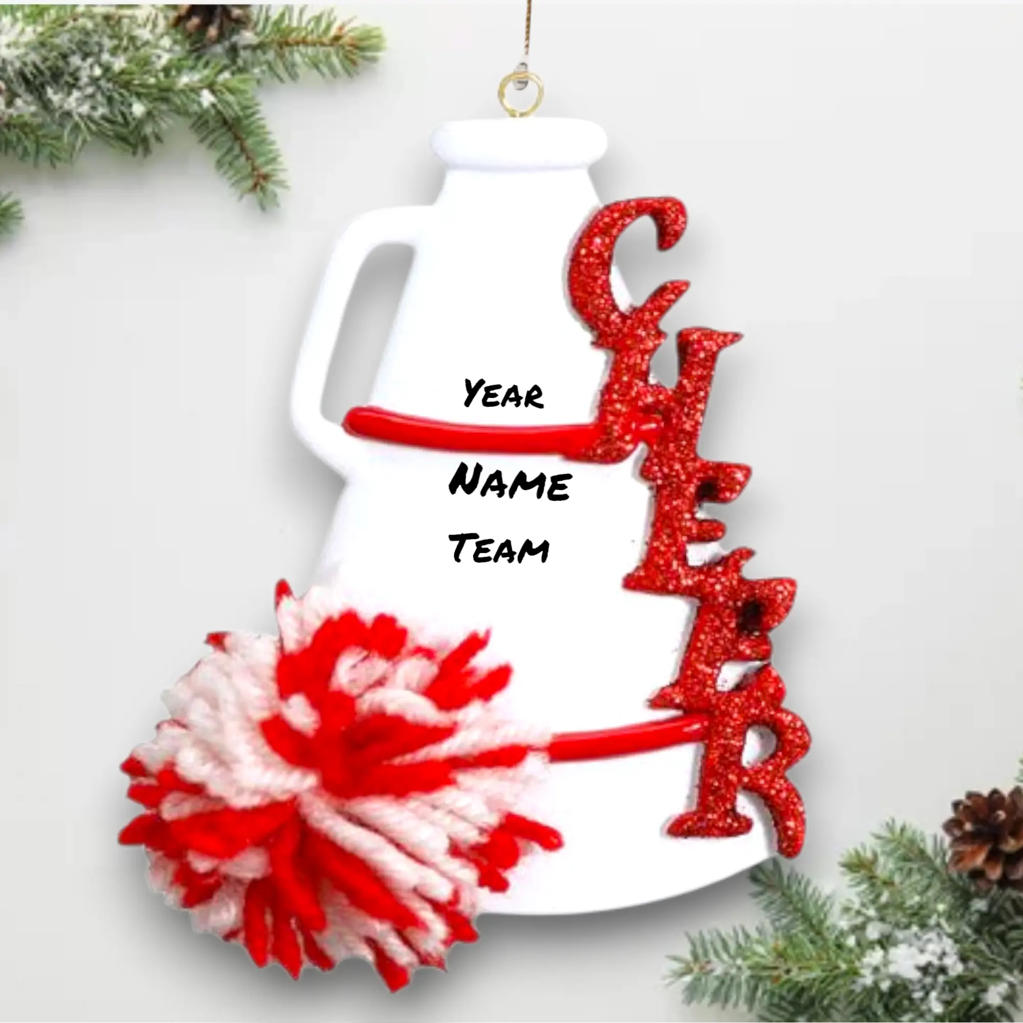 Personalized Cheerleader Red Christmas Ornament – Custom Cheer Megaphone & Pom Pom with Name, Year & Team – Cheer Gift – Noel Box