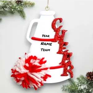 Personalized Cheerleader Red Christmas Ornament – Custom Cheer Megaphone & Pom Pom with Name, Year & Team – Cheer Gift – Noel Box
