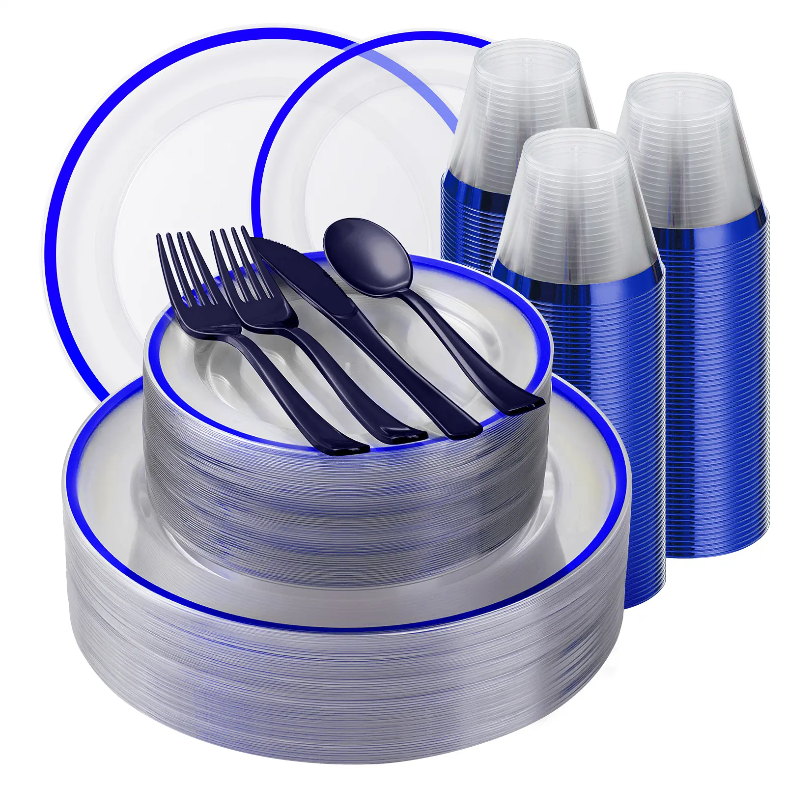 350PCS Blue & Clear Disposable Dinnerware Set for 50 Guests – Includes 100 Blue Plates, 50 Forks, 50 Knives, 50 Spoons & 50 Cups. Perfect for Weddings, Parties & Events. Durable & Elegant Tableware Hand Plastic, Party Plates,Transparent