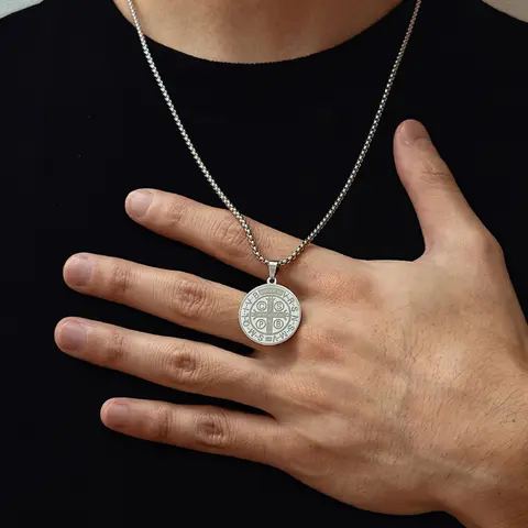 Saint Benedict Medal Cross Pendant Necklace, Silver Color Stainless Steel, Unisex, Latin Cross Design, Perfect Gift for Believers