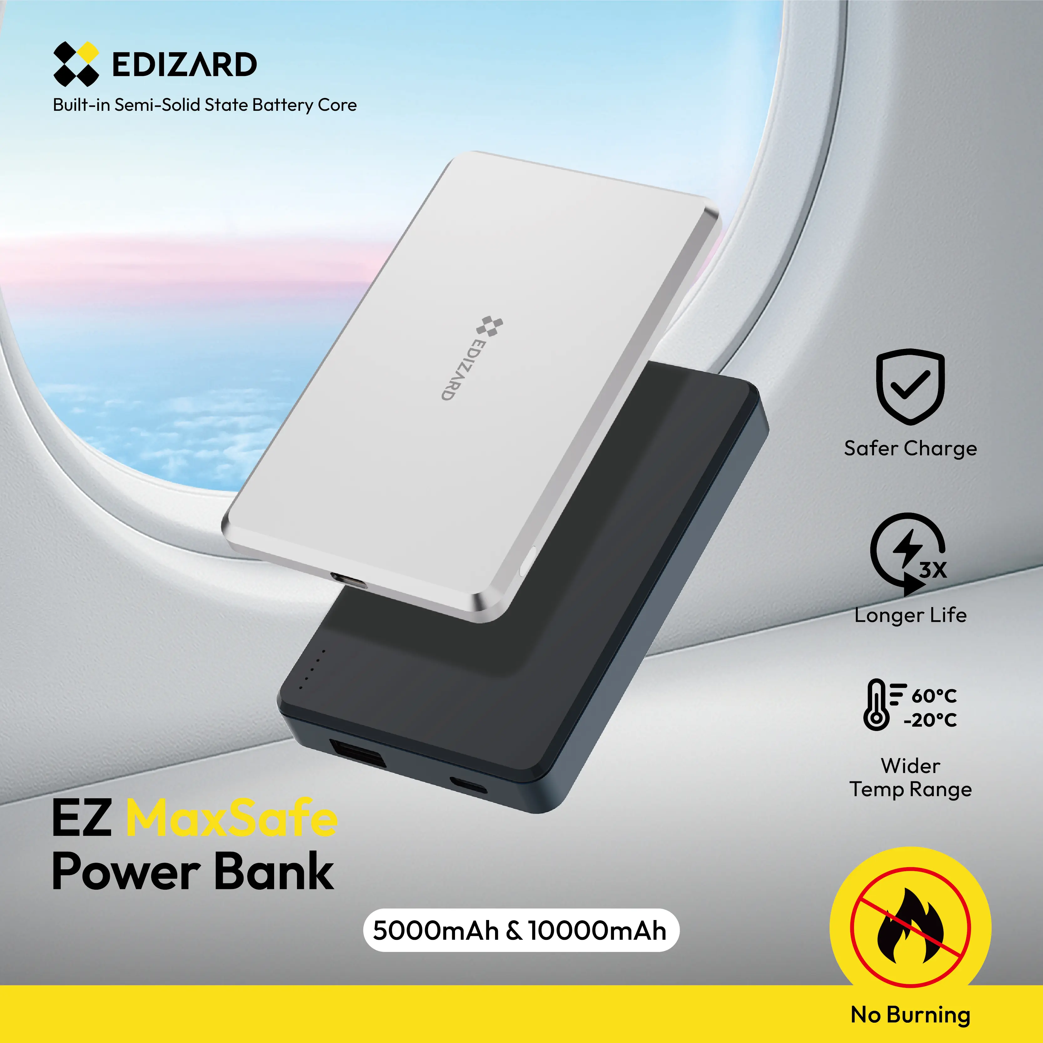 EDIZARD MaxSafe Semi-Solid State 22.5W Fast Charging Power Bank 5000mAh & 10000mAh Safer Charge Longer Life No Burning 3x Durability