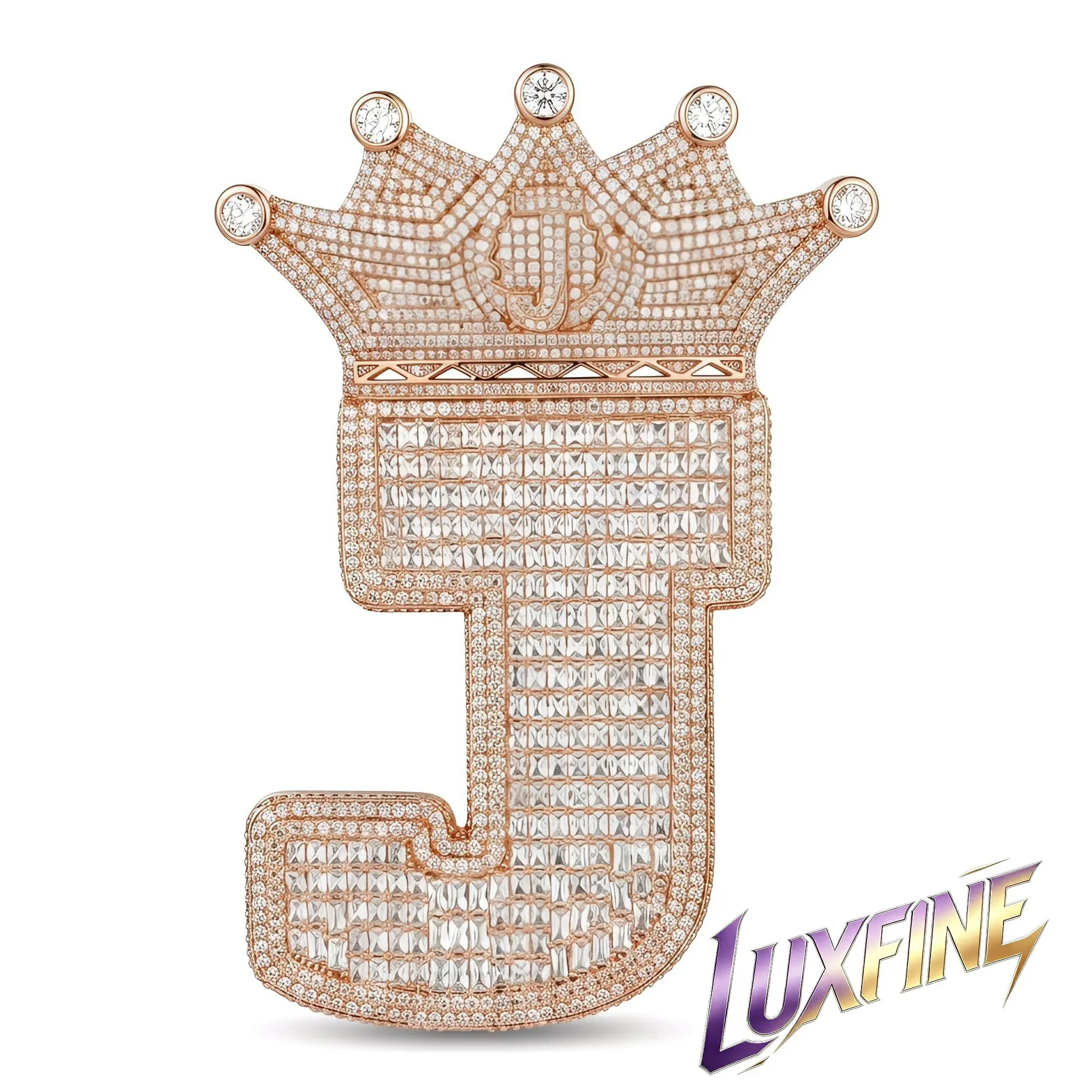 ①⑦LUXFINE 105mm Iced Out Crown Large size Letter J Pendant,Solid Metal Rose Gold Plated Full CZ Diamond Initial Alphabet J Charm, Hip Hop Bling Pendant Necklace for Men Women