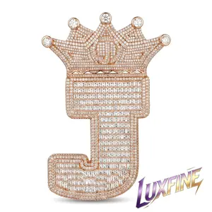 LUXFINE 105mm Iced Out Crown Letter J Pendant,Solid Metal Rose Gold Plated Full CZ Diamond Initial Alphabet J Charm, Hip Hop Bling Pendant Necklace for Men Women
