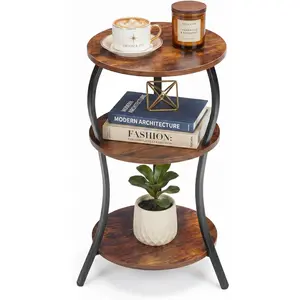 Vintage Small Round Side Table 3-Tier Slim Waist Circular End Table with Storage Shelf Compact Tea Sofa Table Round Corner Coffee Table Nightstand for Living Room Bedroom Small Spaces Rustic Brown