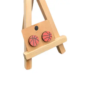 Wooden Stud Basketball Earrings with Red and Black Pattern for Sports Fans
