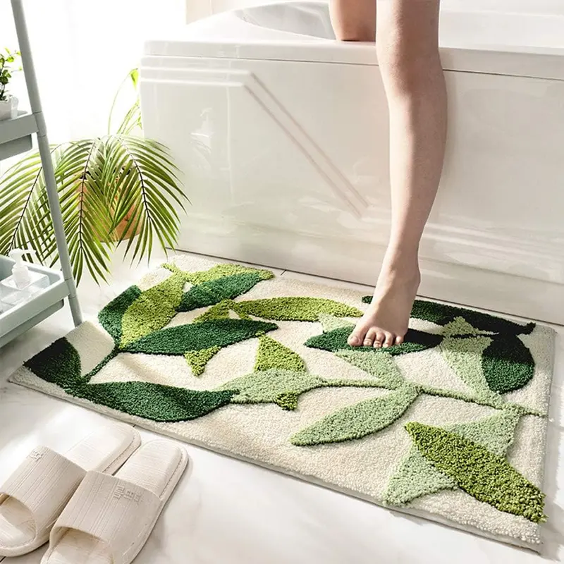 Green Leaf Print Anti-Skid Bath Mat - Multi-Size Microfiber Patterned Rug with Slip-Safe Footing, Absorbent, Machine Washable Soft Bathroom Accessory for Tub, Shower, Absorbent Bath Mats