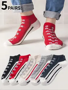 5 pairs of multicolor low-cut socks, men's casual athletic socks, lace pattern design, Striped, suitable for all seasons
