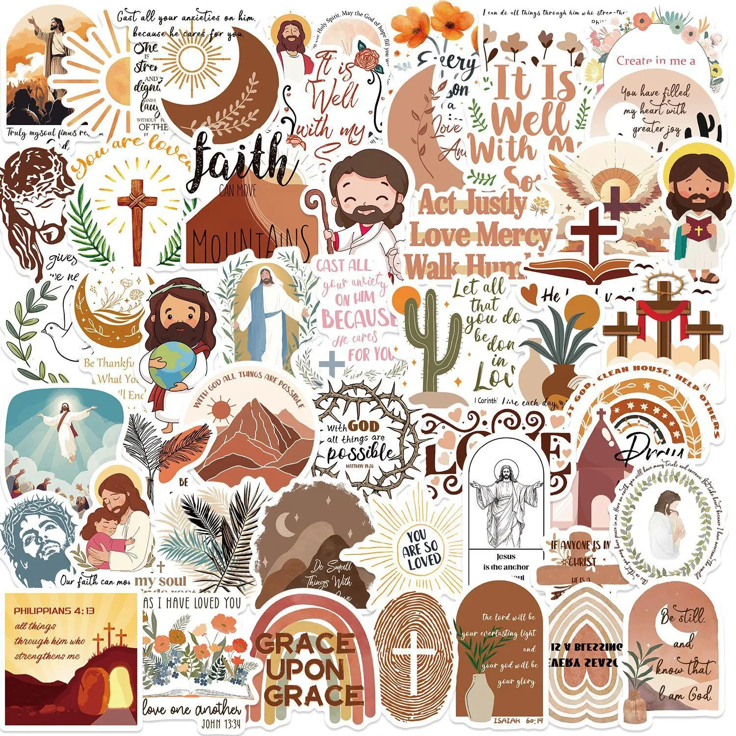 Religious Themed Sticker, 50/1000pcs/set Cartoon Pattern Self Adhesive Decorative Sticker, DIY Decals for Water Bottle, Laptop, Phone Case, Journal