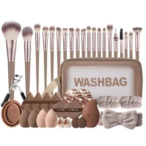 Professional Makeup Tool Set, 20 Cloud Soft Brush Heads, Marble Powder Puff, Multi-Texture Beauty Sponge, Eyelash Curler Cleaner, Portable Bag