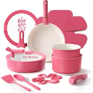 CAROTE 18Pcs Ceramic Cookware Set with Detachable Handle, Pots and Pans Set Non Stick, Non Toxic Kitchen Cooking Sets with Stand-Up Lid, PFAS and PFOA Free, Oven Safe, Induction Ready, Pink