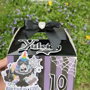 Gothic Birthday Favor Box Custom Name Treat Box Dark Goth with Spiderweb Design and Bow Handle Handmade Personalized with Glitter Details and 3D Elements