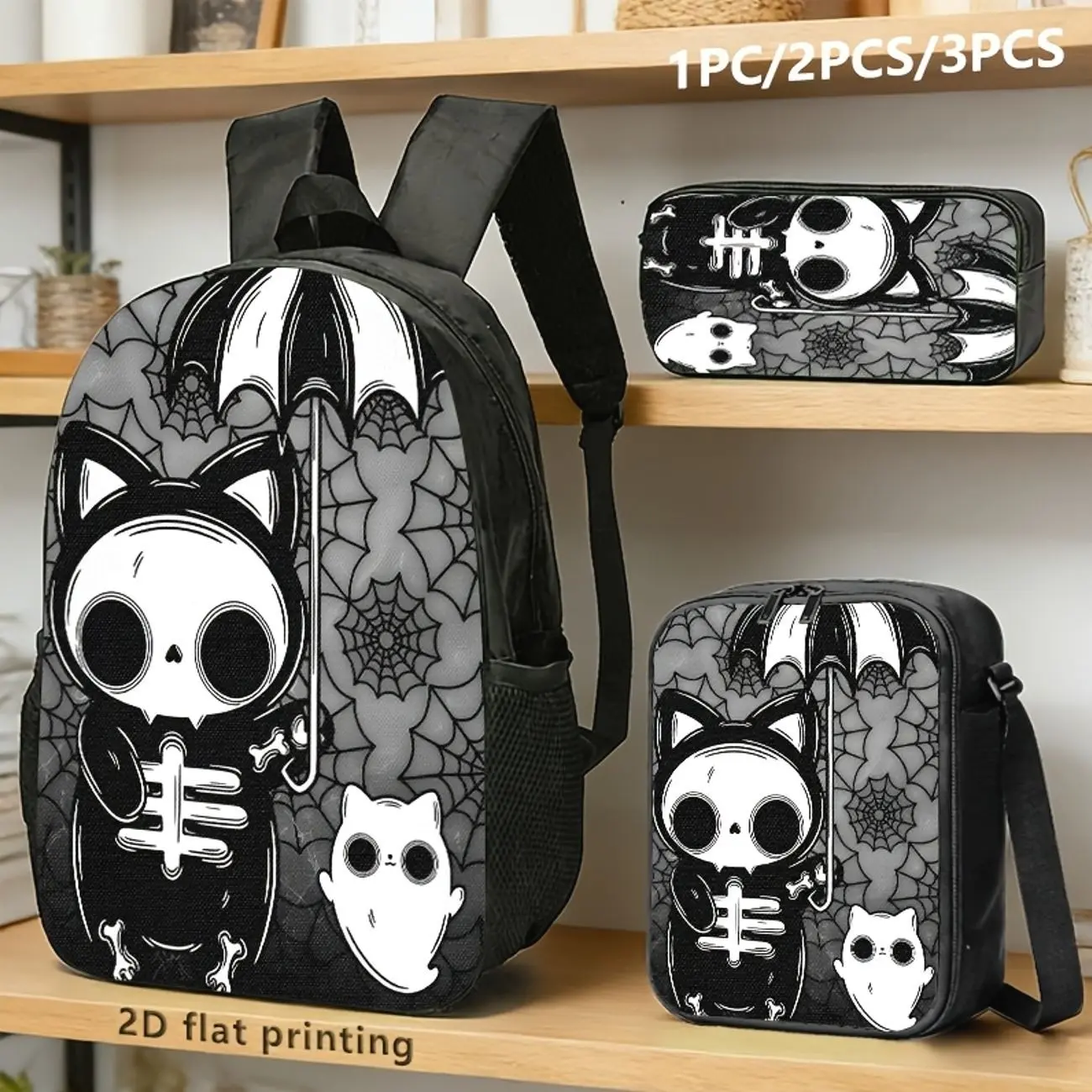 3Pcs Cute Goth Skull Cat Backpack Set, Aesthetic Bats & Spider Web Graphic School Bookbag with Matching Thermal Lunch Bag & Pencil Case