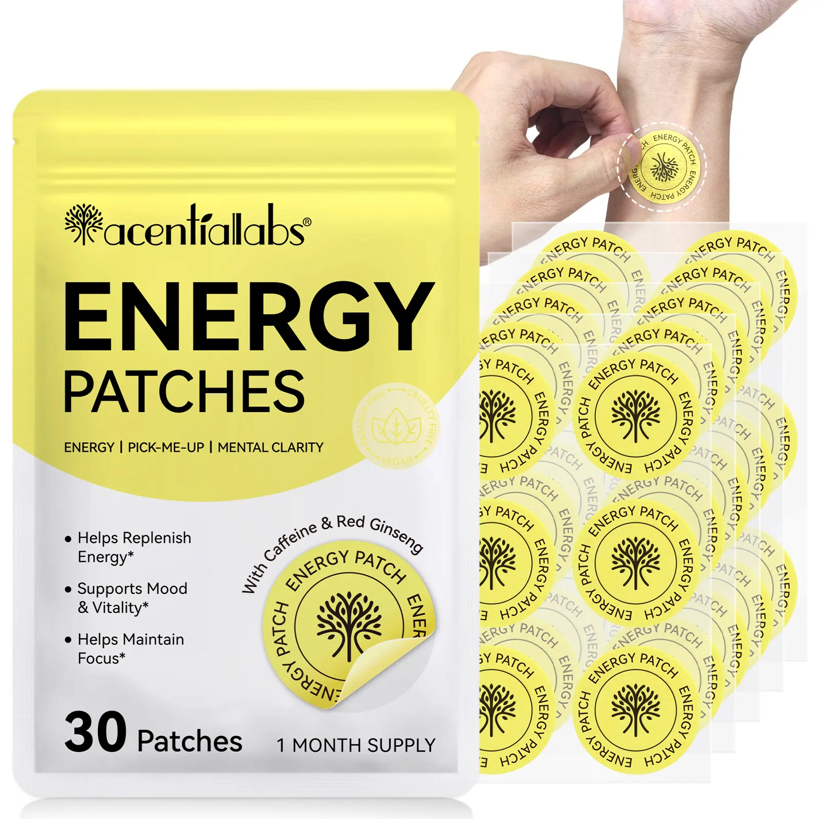 Acential Labs Energy Patch, Caffeine & Ginseng Ingredients, Caffeine Energy Boost, Daily Energy Boost, Focus & Vitality, Energy Booster, Suitable for All, Office, Sports, Rest, 1 Bag of 30 Pcs
