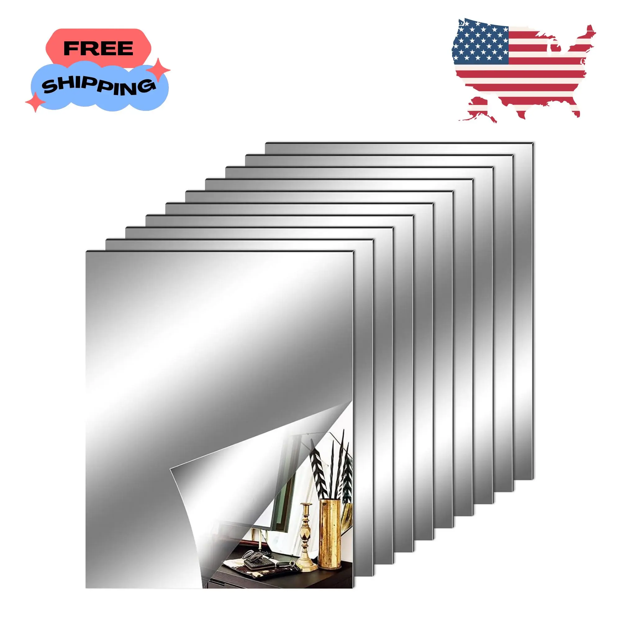 10 Pieces Flexible Mirror Sheets, Self Adhesive Decorative Plastic Mirror Tiles 8x10 Inch
