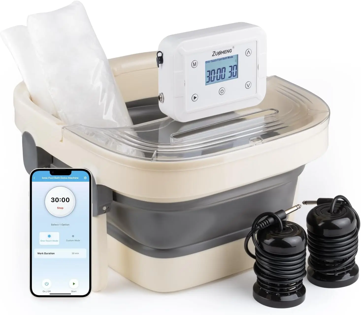 ZuoMeng App-Controlled Foldable Bluetooth Foot Spa Tub, Home Foot Soak Basin with Dual Ion Arrays, 100 Disposable Liners & Timer for Daily Foot Relaxation