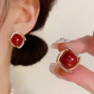 LisiZen Autumn Winter New Retro Red Square Earrings S925 Silver Needle Unique Fashion Design Versatile Earrings DZEH1275