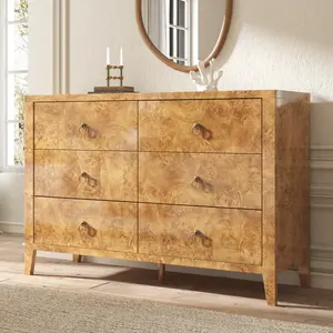 AMERLIFE 5/6/7 Drawer Dresser, Mid-Century Modern Chest of Drawers in High Gloss Burl Wood, Storage Organizer with Anti-Tip for Bedroom, Living Room, Office, Entryway