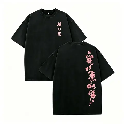 Retro Y2K Tie-Dye Casual T-Shirt — Japanese Cherry Blossom Double-Sided Print | 230g Premium Cotton | Stylish & Versatile Streetwear | Thanksgiving Gift for Men & Women Oversized Black Floral Garment