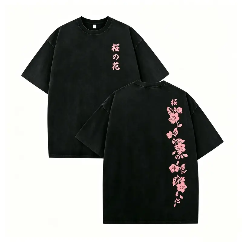 Retro Y2K Tie-Dye Casual T-Shirt — Japanese Cherry Blossom Double-Sided Print | 230g Premium Cotton | Stylish & Versatile Streetwear | Thanksgiving Gift for Men & Women Oversized Black Floral Garment