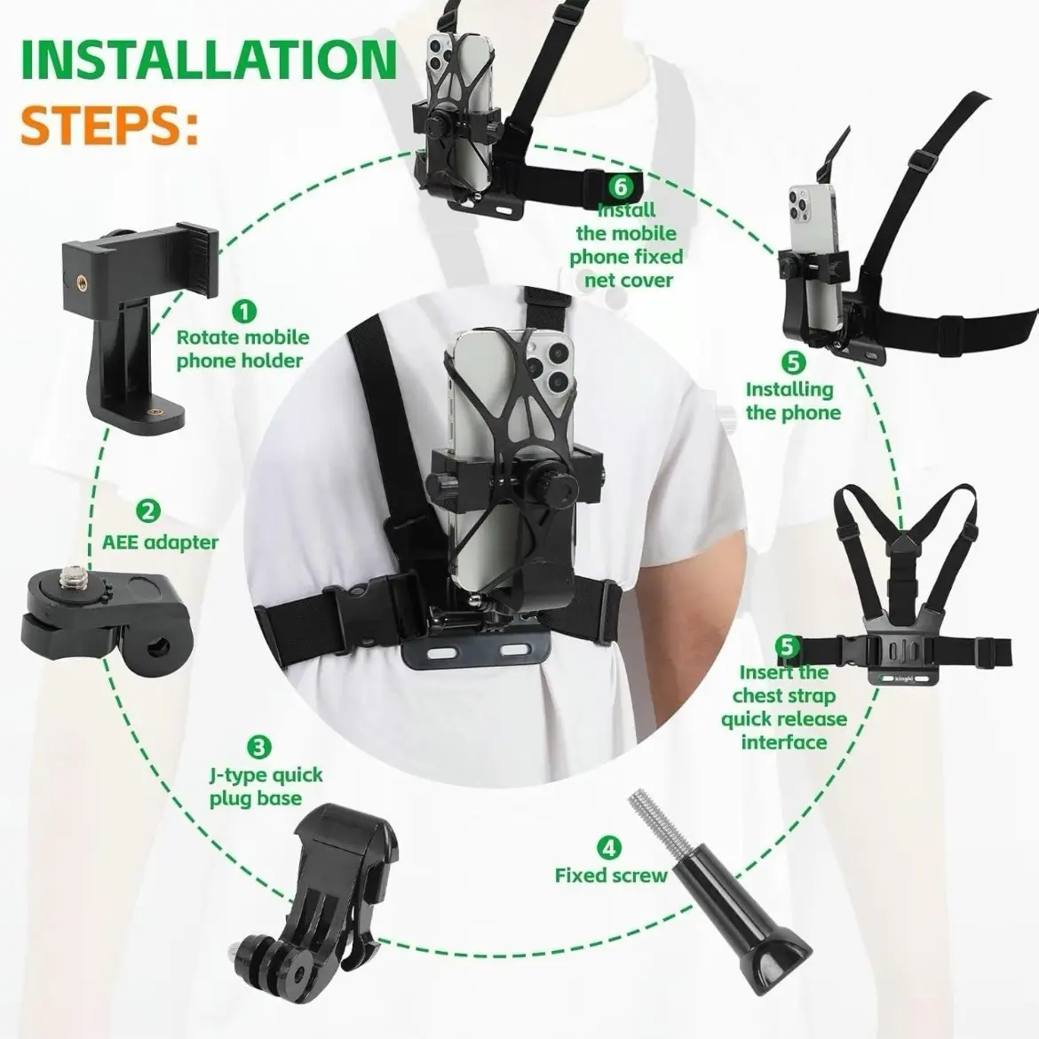 6-in-1 Action Camera Accessories Kit - Chest Strap, Phone Mount, Mount Bracket - Insta360 /X4 / X3 / X2 GoPro 11,10,9,8,7