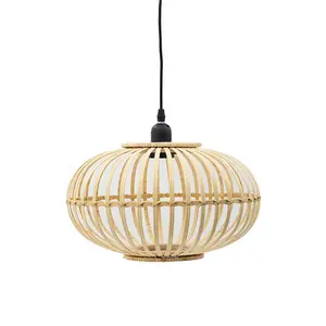Mid-Century Modern Style Squatty Round Bamboo Wooden Pendant Lamp
