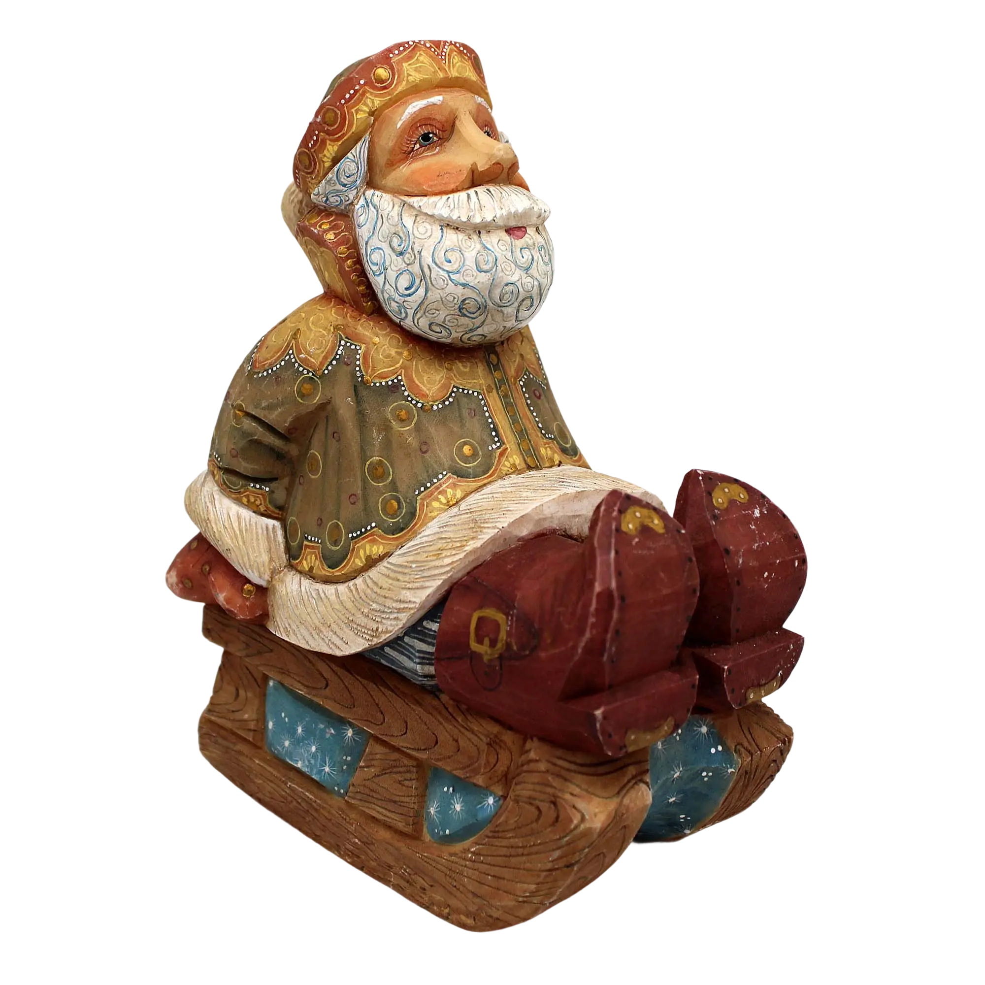 One-of-a-Kind Santa on Sleigh WOODCARVED Handpainted Figurine 4.5" by G.DeBrekht Reserve