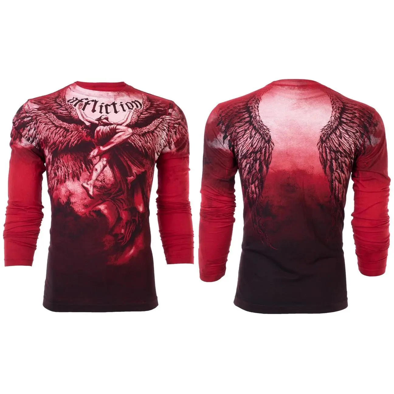 Affliction Men's Cotton Long Sleeve Pullover Round Neck Graphic T-Shirt - Red Casual Biker Style 100% Cotton Top