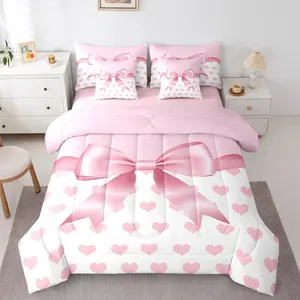 Pink Bowknot 7 Piece Bedding Set Cute Love Heart Comforter Set with Sheets for Kids Boys Girls Princess Style Bed in a Bag Pink White Bed Set Soft Lightweight