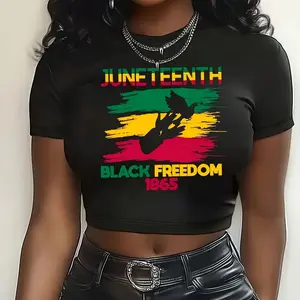 Juneteenth Letter & Peace Graphic Print Crew Neck T-Shirt, Crop Top Short Sleeve Crop Top For Spring & Summer, Women'S Clothing