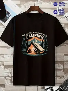 Men's & Women's 100% Cotton Camping T-Shirt - Retro Tent & Campfire Graphic Outdoor Tee, Breathable Round Neck Short-Sleeve Shirt Suitable for Hiking, Camping & Nature Lovers, Machine Washable All-Season Casual Wear