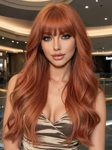 24 Inch Synthetic Wig with Bangs, Long Curly Heat Resistant Fiber for Natural Look, Elastic Cap Design for All Occasions