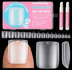 300Pcs Square Toe Nail Tips with Glue,SINOKAME 15 Sizes Wider Long Fake Toenails Matte No File Needed,Clear Press on Toenails Full Cover,Paintable Toe Extension Tips Soak off Home DIY