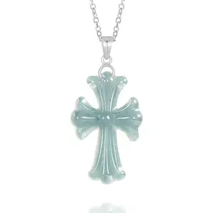 Natural Blue Jadeite Cross Pendant Jewelry for Men Women Symbolizing Peace Fortune Success Elegant Unisex Spiritual Accessory, Casual, Auspicious