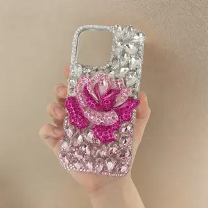 Full Bling Crystal Rose Phone Case – Sparkly Rhinestone Cover for 17 16 15 14 Plus Pro Max