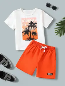 Boys Summer Coconut Tree Print Casual Two-Piece Set, Beach Vacation Style Clothing, Graphic Pattern, Short Sleeve Top, Outfit