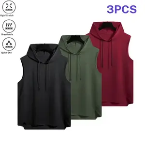 Men’s hooded sleeveless tank top set (3 pieces), minimalist athletic style, high elasticity, breathable, quick-drying, hood drawstring design, curved hem; suitable for gym wear, commuting, and home wear. fathersdaygift