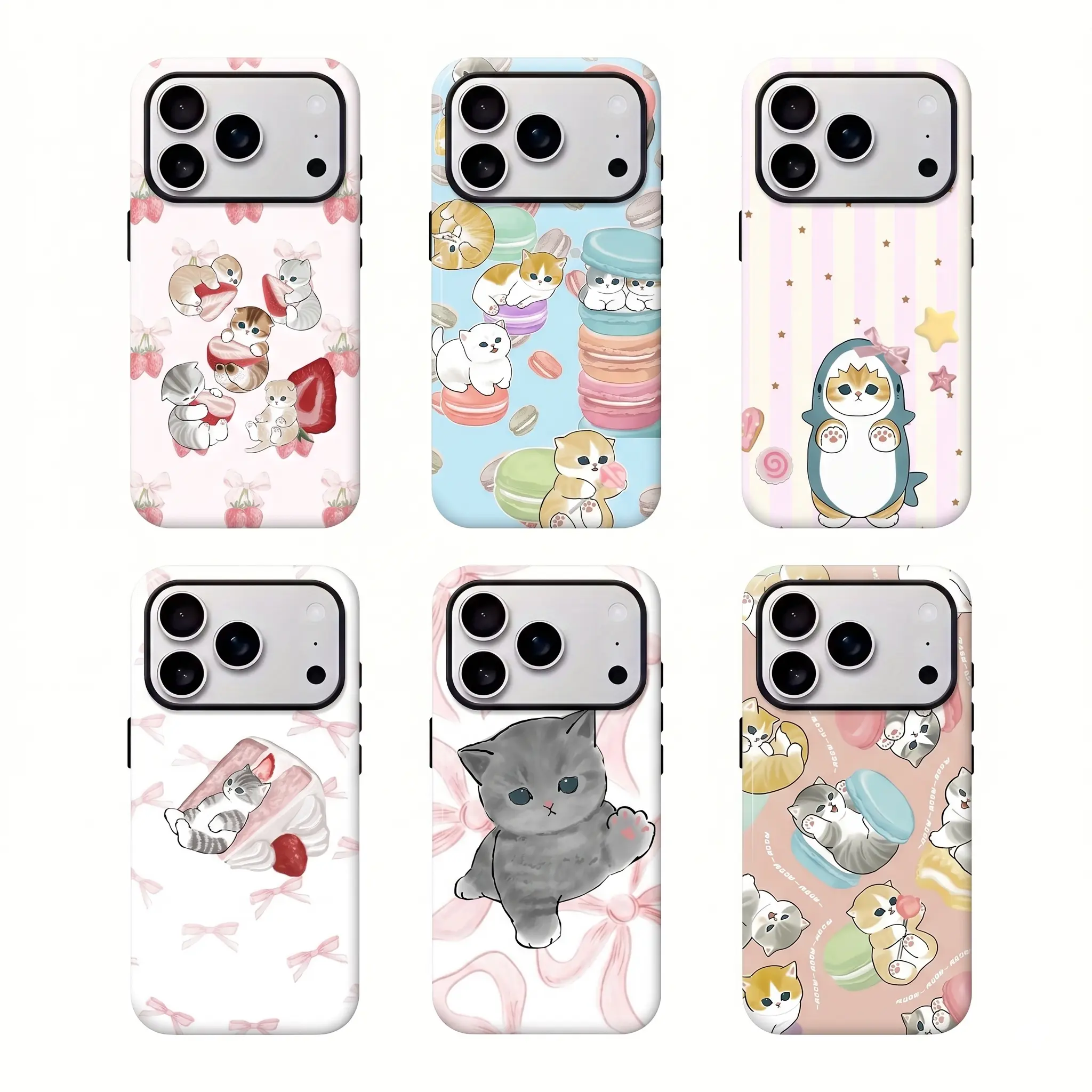 Cute Kawaii Mofusand Shark Cat Strawberry Print Shockproof Hard Bumper Phone Case, Adorable Cartoon Sturdy Film Protective Shell, Perfect Holiday & Birthday Gift for Valentine’s Day, Christmas, Thanksgiving, Halloween, Compatible with iPhone 11/12/13/14/1