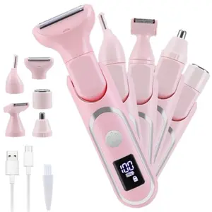 Women's Bikini Electric Shaver 5-in-1 Nose Hair Trimmer Facial Shaver Waterproof Painless Rechargeable Women's Electric Shaver Bikini Legs Arms Body Face Pink Stainless Steel