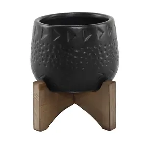 Caveman Ceramic Planter on Stand Matte Black 3.5" Indoor Use High-Quality Ceramic Wood, Durable Design 4.75 x 4.75 x 4.5 Inches Stylish Functional Decor