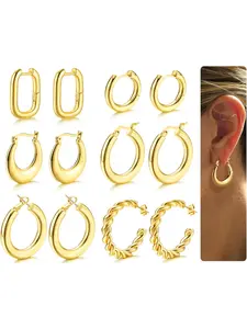 6 Pairs Chunky Gold Hoop Earrings for Women Girls 14K Gold Hoop Earring Hypoallergenic Twisted Huggie Hoop Earrings