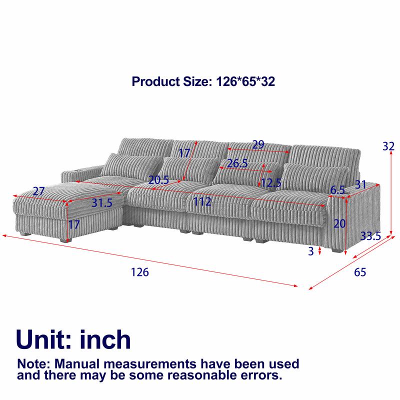 【3 packages delivery】Niccae L-Shaped Corduroy Sofa with USB Port & Cup Holder, Movable Footrest, 4 Back & Waist Pillows, Large Sectional for Living Room, Home Office & Apartment, Solid Wood Frame
